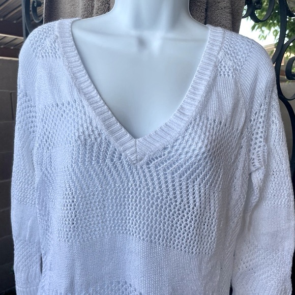 Cache Open Weave See Through Deep V Front & Back Cotton Blend Sweater Top LG - Picture 2 of 13